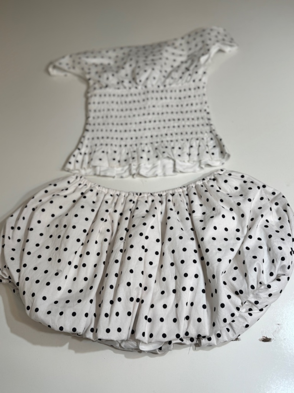 Off-Shoulder Black Dot Smocked Crop Top - Matching Bubble Skirt - Picture 5 of 5